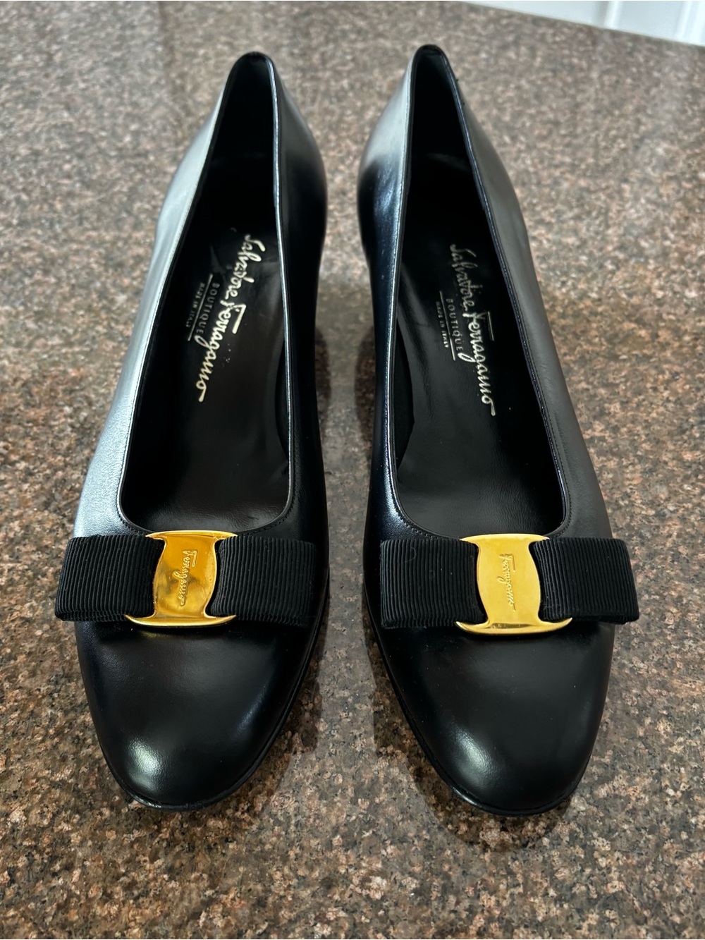 Salvatore Ferragamo Black Leather Vara Bow Flats with Gold Accent
